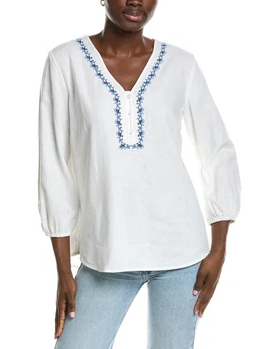 Jones New York Embroidered Linen-blend Popover Blouse In White