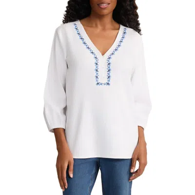 Jones New York Embroidered Linen-blend Popover Blouse In White