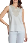 Jones New York Petite Sleeveless Embroidered V-neck Top In Nyc White/natural Stone