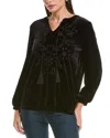 Jones New York Embroidered Split Neck Top In Black