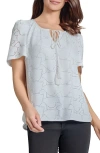 Jones New York Eyelet Embroidered Tie Neck Top In Nyc White