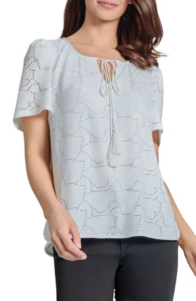 Jones New York Eyelet Embroidered Tie Neck Top In Nyc White