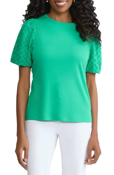 Jones New York Eyelet Puff Sleeve Crewneck Top In Green