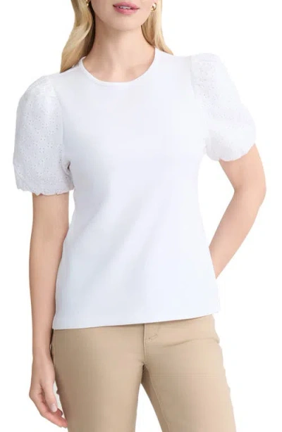 Jones New York Eyelet Puff Sleeve Crewneck Top In White