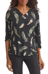 Jones New York Feather Print Knit Top In Black