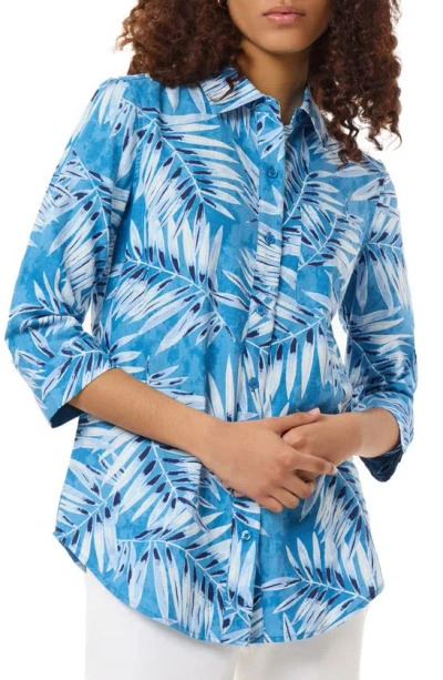 Jones New York Floral Linen Blend Button-up Shirt In Blue Lagoon Multi