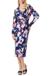 Jones New York Floral Long Sleeve Collared Faux Wrap Midi Dress In Pacific Navy Multi