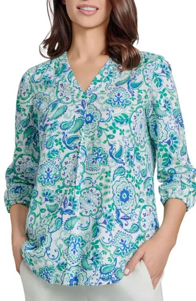 Jones New York Floral Paisley V-neck Linen Blend Tunic In Nyc White Multi