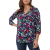 Jones New York Petite Floral Print Blouson-sleeve V-neck Blouse In Sapphire Multi