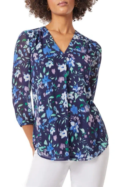 Jones New York Floral Pleated V-neck Top In Navy