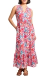 Jones New York Floral Print Ruffle Tie Waist Sleeveless Maxi Dress In Coral Sun Multi