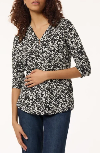 Jones New York Petite Floral-print 3/4-sleeve Top In Black