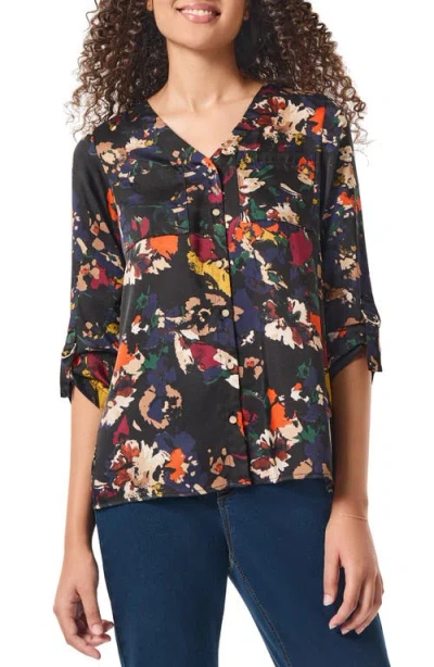 Jones New York Floral Satin Button-up Shirt In Black