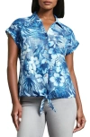 Jones New York Button Detail Linen-blend Blouse In Mystic Blue Multi
