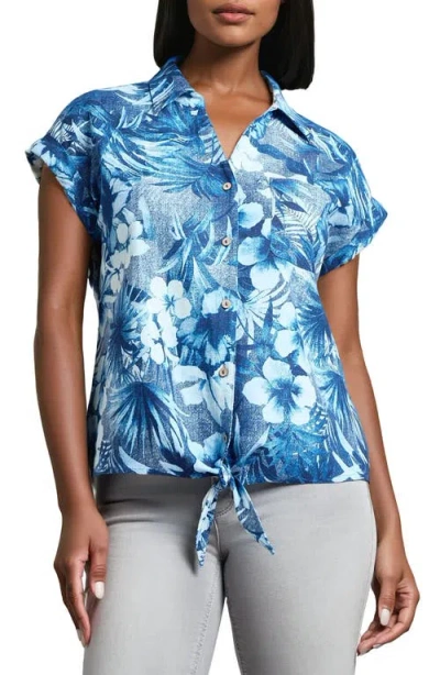 Jones New York Floral Tie Hem Linen Blend Button-up Shirt In Mystic Blue Multi