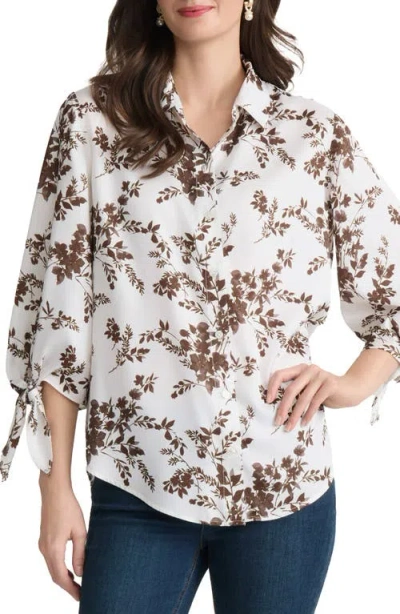 Jones New York Floral Tie Sleeve Button-up Shirt In White