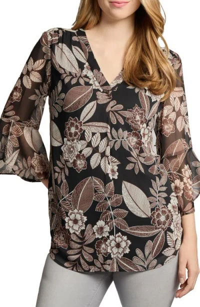 Jones New York Floral V-neck Flutter Sleeve Top In Black