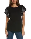 Jones New York Purl Stitch Flutter Sleeve Cotton Blend Knit Top In Black