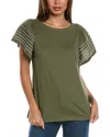 Jones New York Purl Stitch Flutter Sleeve Cotton Blend Knit Top In Green