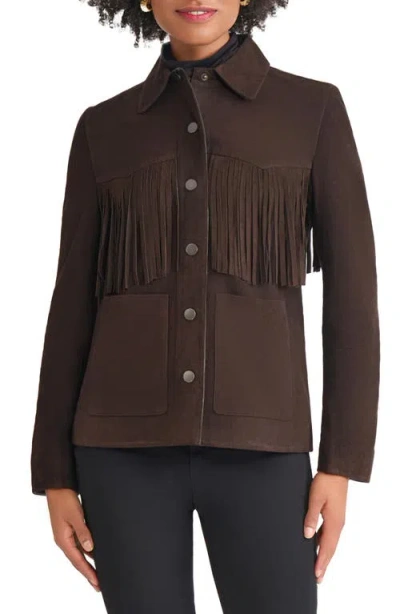 Jones New York Fringe Detail Suede Shirt Jacket In Black