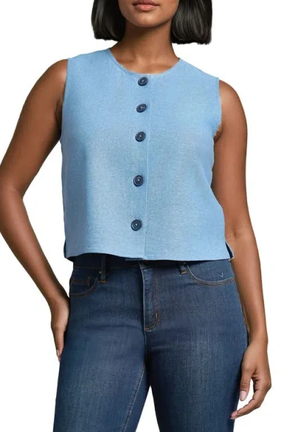 Jones New York Front Button Sleeveless Linen Blend Top In Blue