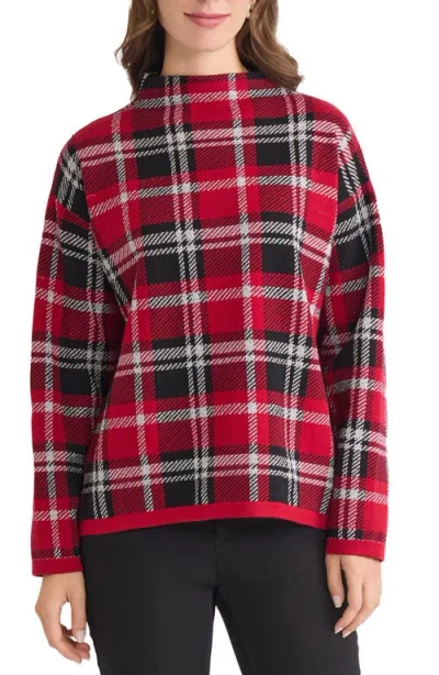 Jones New York Jacquard Plaid Funnel Neck Sweater In Red