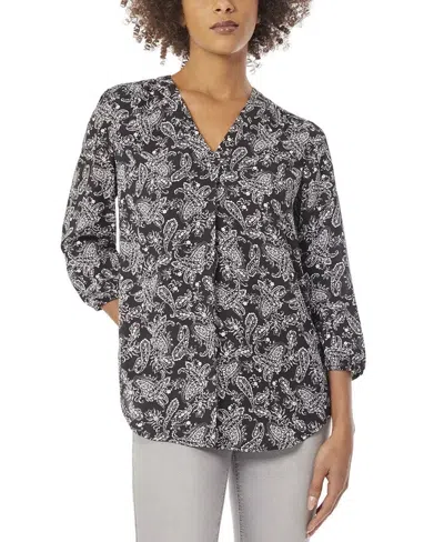 Jones New York Kelly Top Women Black Paisley 34-sleeve V-neck Blouse Fts1268 In Multi