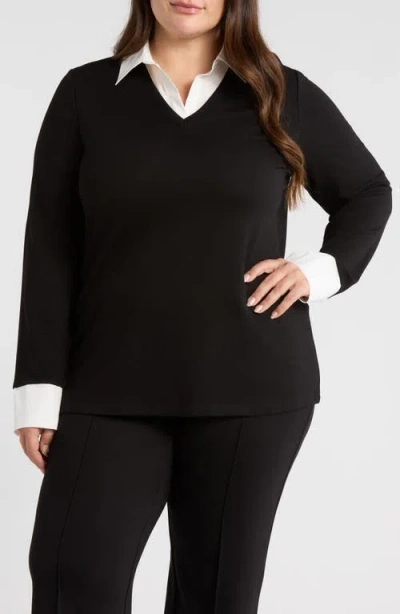 Jones New York Layered Look Long Sleeve Top In Black