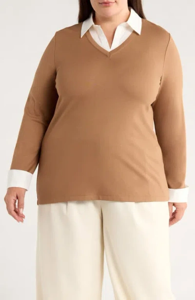 Jones New York Layered Look Long Sleeve Top In Brown