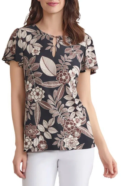 Jones New York Leaf Print Keyhole Neck Top In Brown