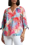 Jones New York Leaf Print Linen Blend Popover Top In Multi