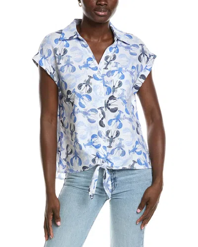 Jones New York Linen-blend Tie-front Printed Blouse In Blue