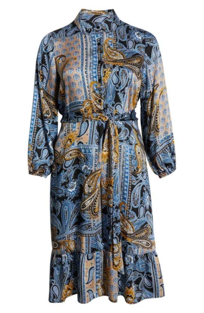 Jones New York Long Sleeve Tie Belt Satin Shirtdress In Blue