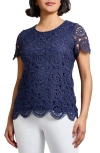 Jones New York Medallion Lace Short Sleeve Top In Pacific Navy