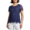 Jones New York Medallion Lace Short Sleeve Top In Pacific Navy
