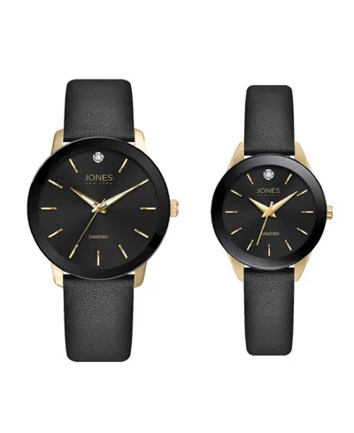 Jones New York Men And Women's Analog Black Polyurethane Leather Strap His Hers Watch 42mm, 34mm Gift Set