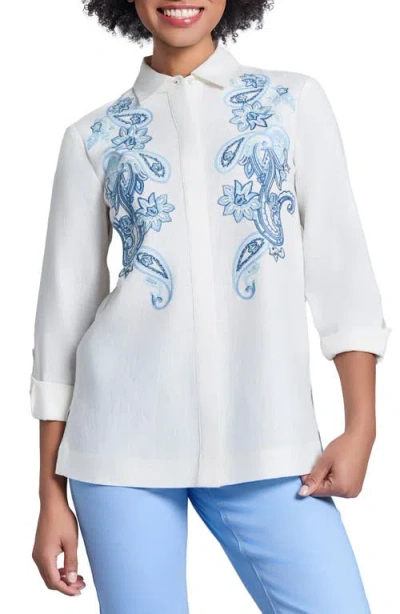Jones New York Paisley Embroidered Linen Blend Button-up Shirt In Nyc White