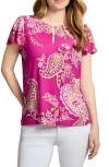 Jones New York Petite Paisley-print Keyhole Flutter-sleeve Top In Pink