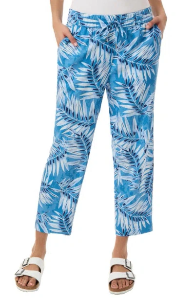 Jones New York Palm Print Linen Blend Crop Trousers In Blue Lagoon Multi