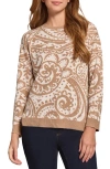 Jones New York Pasiley Crewneck Bracelet Sleeve Sweater In Praline Multi