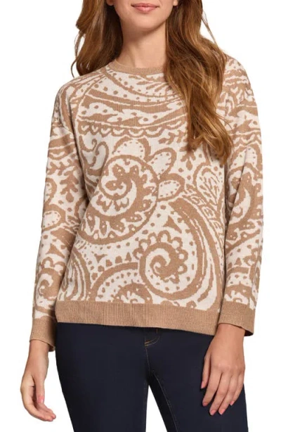 Jones New York Pasiley Crewneck Bracelet Sleeve Sweater In Beige