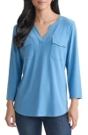 Jones New York Patch Pocket Crepe Popover Top In Blue
