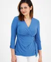 Jones New York Womens Gathered Polyester Wrap Top In Blue Lagoon