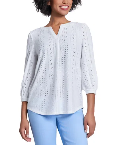 Jones New York Women's Split-neck Multi Lattice Eyelet Knit Top In Nyc White