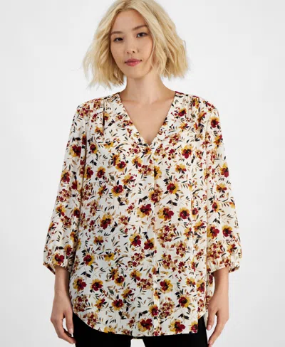 Jones New York Petite 3/4-sleeve Floral-print Kelly Blouse In Jones White