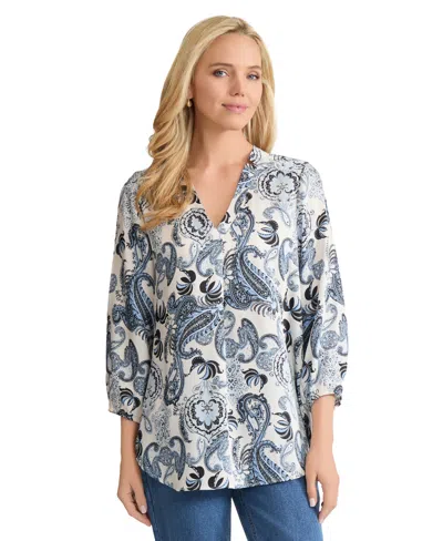 Jones New York Petite 3/4-sleeve V-neck Tunic Cuff Top In Blue
