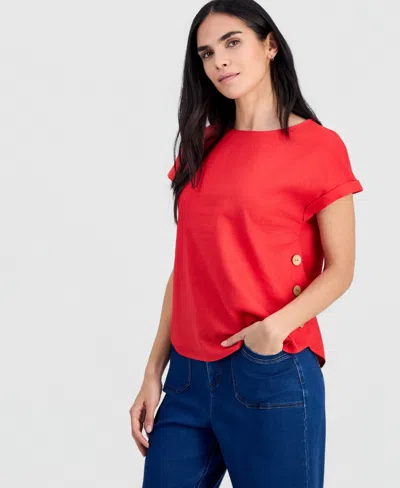 Jones New York Petite Boat-neck Short-sleeve Blouse In Red