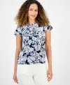 Jones New York Petite Botanical-print Keyhole Top In Blue