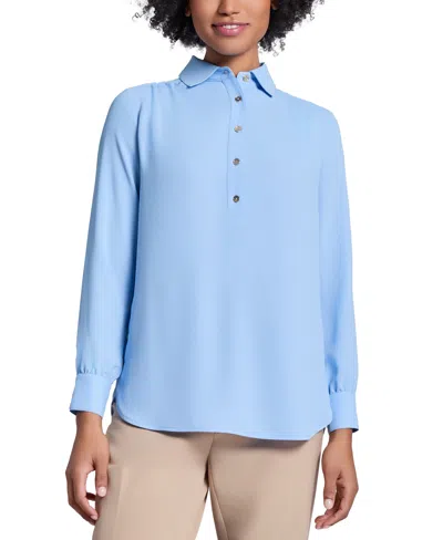 Jones New York Petite Button-side Collared Top In Chintz Blue