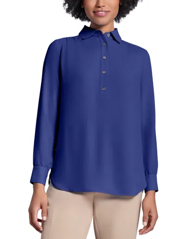 Jones New York Petite Button-side Collared Top In Pacific Navy